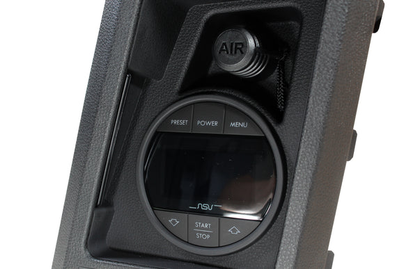 Close-up of NSV Smart Air Compressor LED control panel with AIR OUTLET, PRESET, POWER, MENU, START and STOP buttons